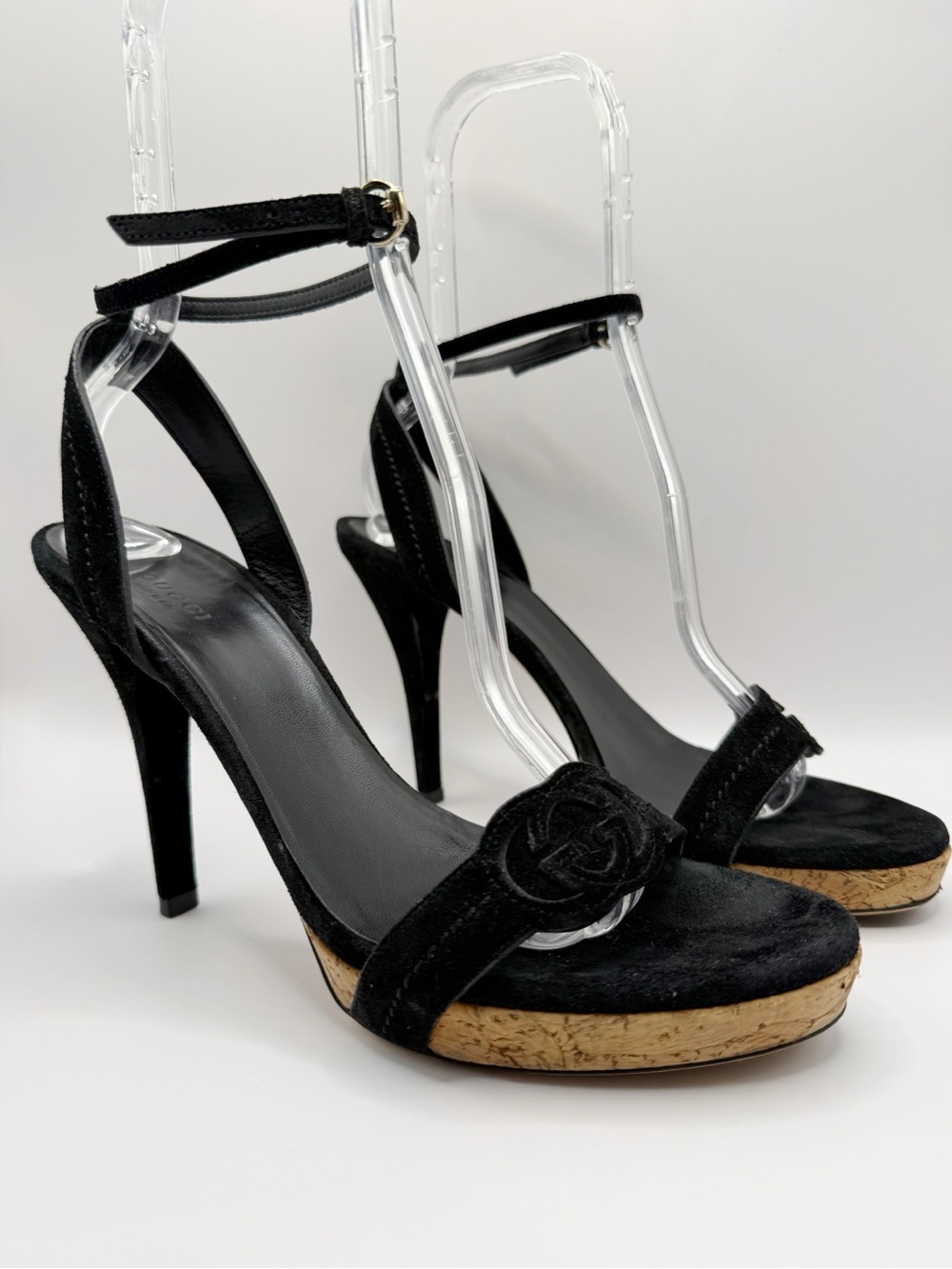 Gucci Black GG Logo Velvet Suede Cork Platform Ankle Strap Heels 8.5 Sandals